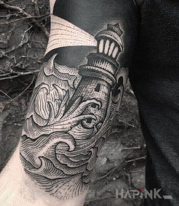 Tattoo Latarnia morska in other motif and engravings / gravure style on the upper arm