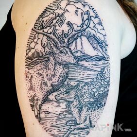 Tattoo Deer with a doe on the upper arm motif: black and gray style: engravings / gravure