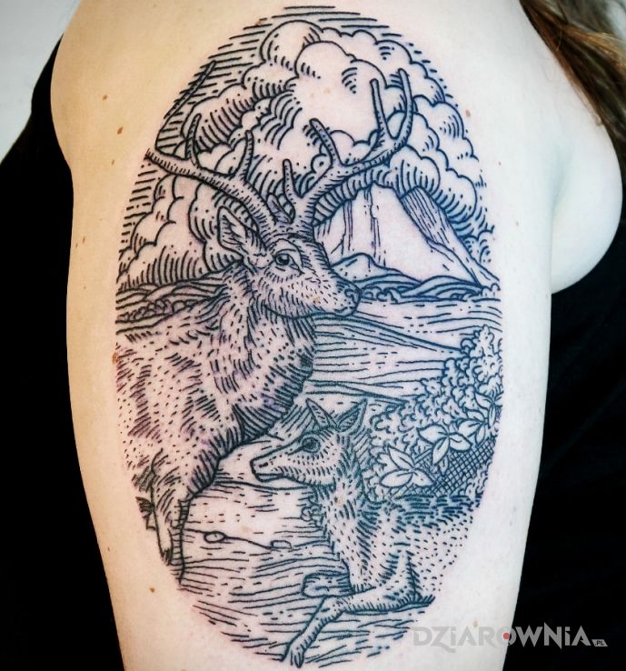 Tatuaż jeleń z łanią w motywie zwierzęta i stylu rycinowe / grawiurowe na ramieniu
