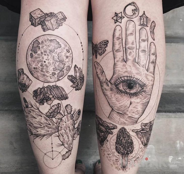 Tattoo Różne elementy in black and gray motif and engravings / gravure style on the calf