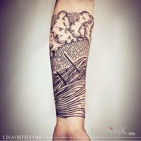 Tattoo Boat on the water on the forearm motif: other style: engravings / gravure