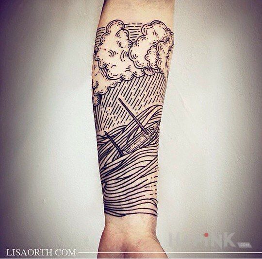 Tattoo Łódka na wodzie in other motif and engravings / gravure style on the forearm