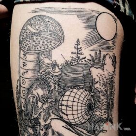 Tattoo Sage on the leg motif: characters style: engravings / gravure