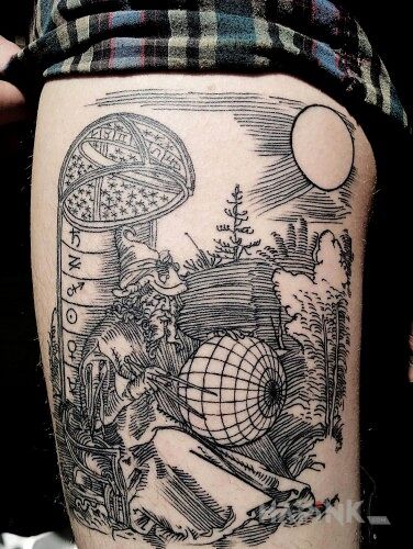 Tattoo Mędrzec in black and gray motif and engravings / gravure style on the leg