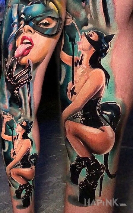 Tattoo Kocica in legsleeves motif and realistic style on the calf