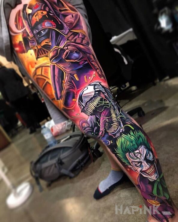 Tattoo Komiksowa noga in characters motif and cartoon / comic book style on the calf