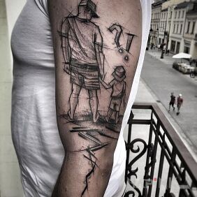 Tattoo Parent on the upper arm motif: black and gray style: sketch