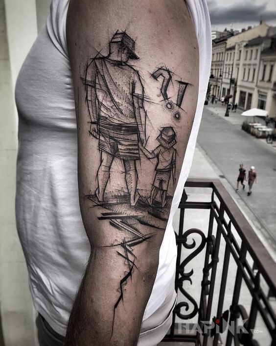 Tattoo Rodzic in characters motif and sketch style on the upper arm
