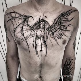 Tatuaż Anielica / diablica na obojczyku motyw: anioły styl: szkic