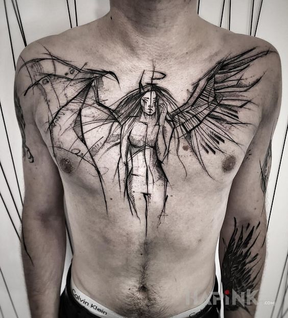 Tattoo Anielica / diablica in black and gray motif and sketch style on the chest