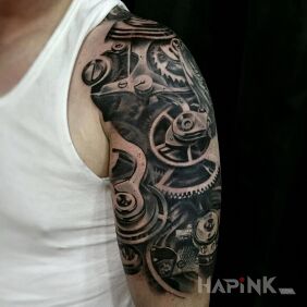 Tattoo Mechanism on the upper arm motif: 3D style: biomechanics