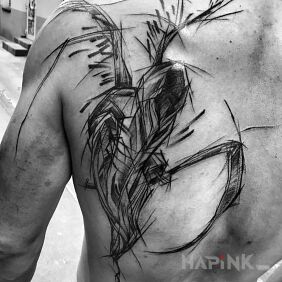 Tattoo Kostucha on the shoulder blades motif: black and gray style: sketch