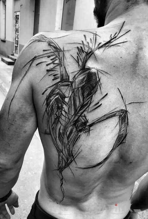 Tattoo Kostucha in demons motif and sketch style on the shoulder blades