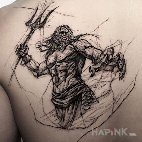 Tattoo Poseidon on the shoulder blades motif: characters style: sketch