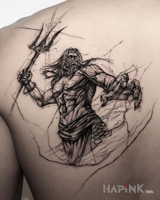 Tattoo Posejdon in black and gray motif and sketch style on the shoulder blades
