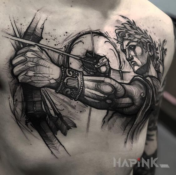 Tattoo Skupiony lucznik in zodiac signs motif and sketch style on the chest