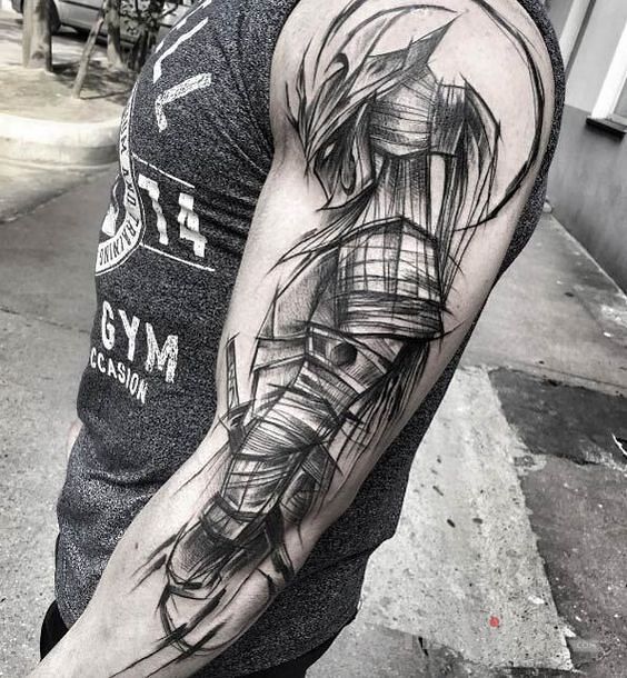 Tattoo Ninja in characters motif and sketch style on the upper arm