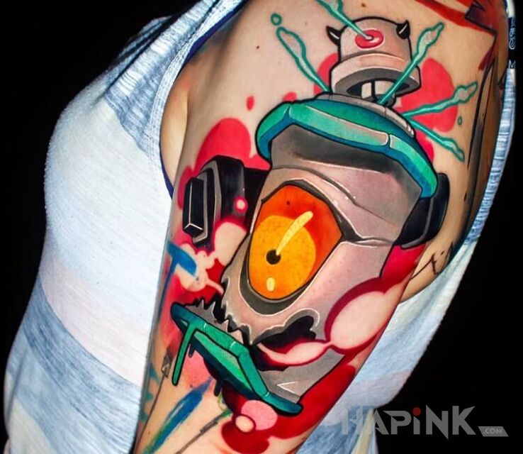 Tattoo Pucha in objects motif and graffiti style on the upper arm