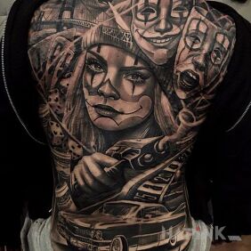 Tattoo Gangsta girl on the back motif: 3D style: chicano