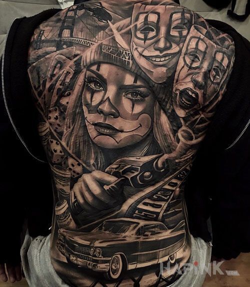 Tattoo Gangsta girl in faces motif and realistic style on the shoulder blades