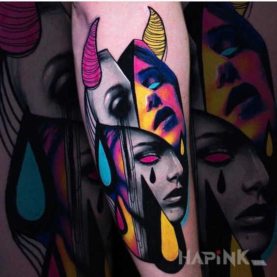 Tattoo Rogata kobieta in colorful motif and surrealistic style on the forearm