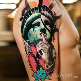 Tattoo Statue of Liberty on the upper arm motif: objects style: surrealistic