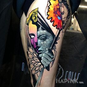 Tattoo Two faces of a woman on the leg motif: faces style: surrealistic