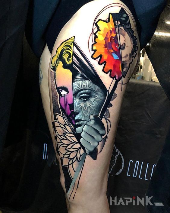Tattoo Dwie twarze kobiety in colorful motif and surrealistic style on the leg