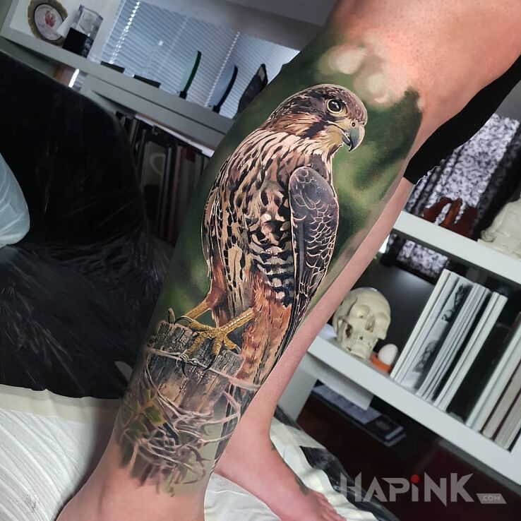 Tattoo Jastrząb in animals motif and realistic style on the calf