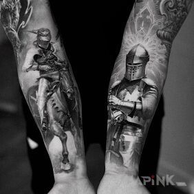 Tattoo Knighthood on the forearm motif: black and gray style: realistic