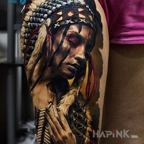 Tattoo Stunning Indian woman on the leg motif: 3D style: realistic