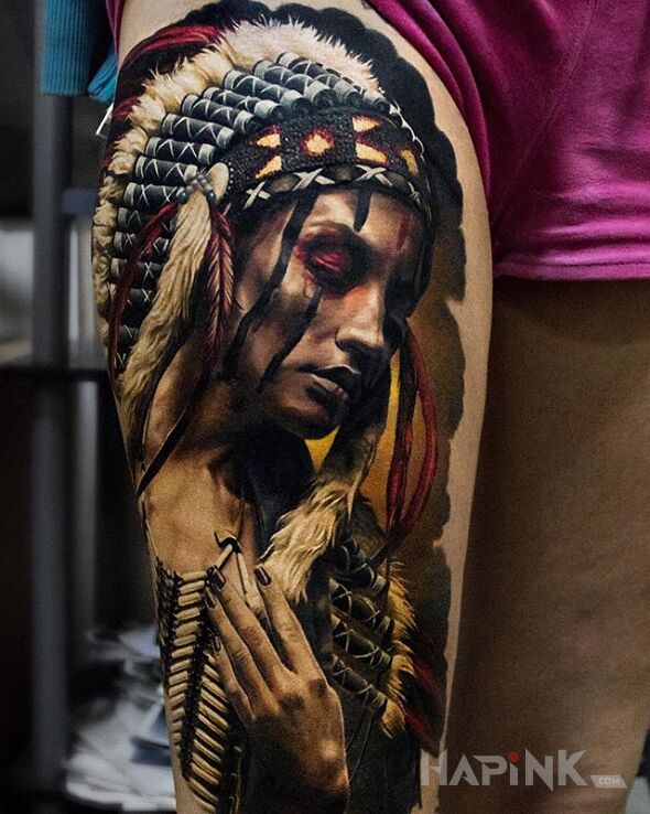 Tattoo Oszałamiająca indianka in 3D motif and realistic style on the leg