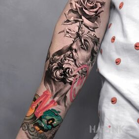 Tattoo Instead of a head rose on the forearm motif: faces style: realistic