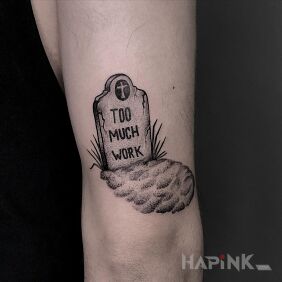 Tattoo Too much work on the upper arm motif: lettering style: dotwork