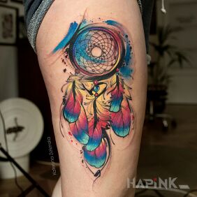 Tattoo Dream catcher on the leg motif: colorful style: Watercolor