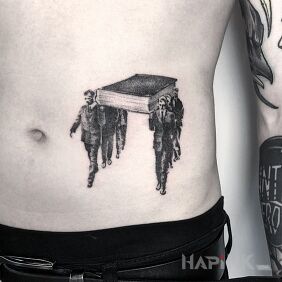 Tattoo Funeral of literature on the stomach motif: black and gray style: graphic / illustrative