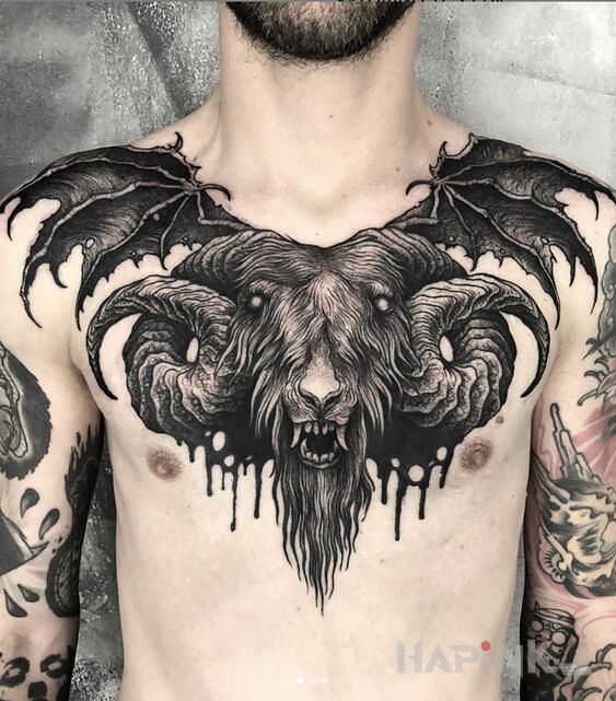 Tattoo Belzebub in wings motif and realistic style on the chest