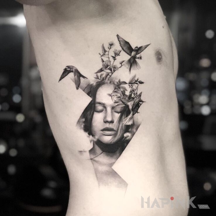 Tattoo Ulotne mysli in 3D motif and realistic style on the ribs