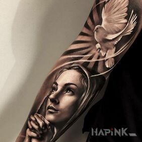 Tattoo Waiting on God on the upper arm motif: black and gray style: realistic