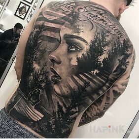 Tattoo Girl in a boat on the shoulder blades motif: characters style: realistic