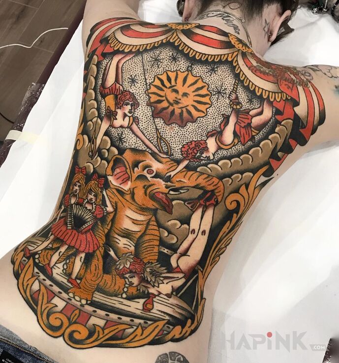 Tattoo Oldschoolowe plecy in characters motif and oldschool style on the back