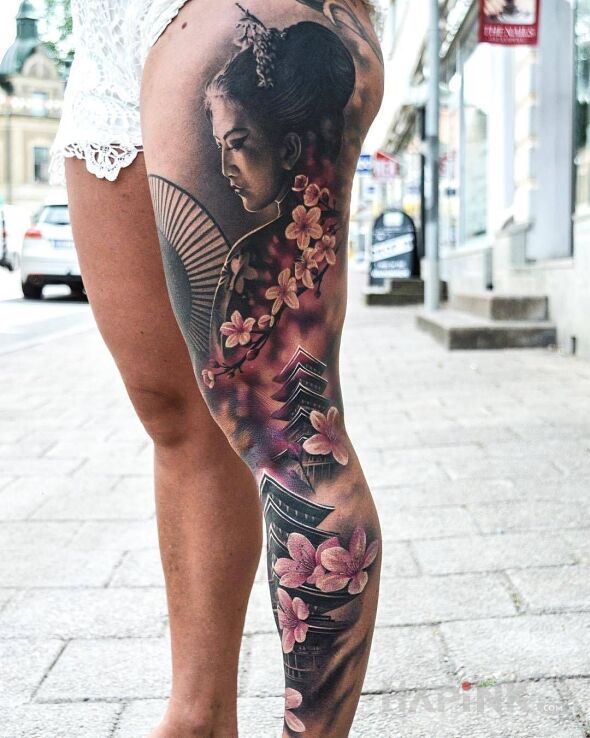 Tattoo Sztuka japońska in faces motif and realistic style on the tibia