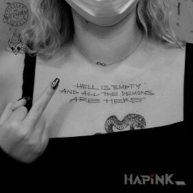 Tattoo Hell is empty on the chest motif: lettering style: ignorant