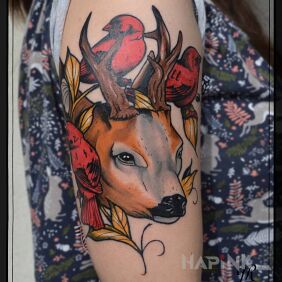 Tattoo Deer on the upper arm motif: animals style: neo-traditional