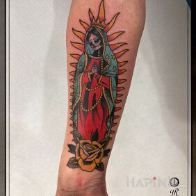 Tattoo Santa Muerte on the forearm motif: santa muerte style: oldschool