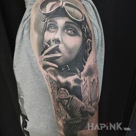 Tattoo Pilot on the upper arm motif: faces style: realistic