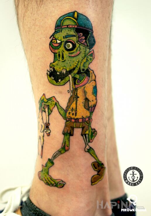 Tattoo Zombie in characters motif and cartoon / comic book style on the leg
