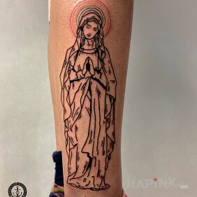 Tattoo Maryika on the leg motif: black and gray style: contour / linework