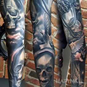 Tattoo Deadly sleeve on the upper arm motif: dark style: realistic