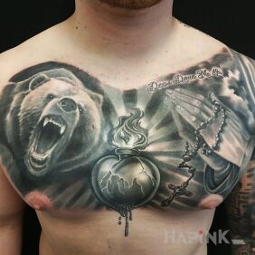 Tattoo Composition on the chest motif: animals style: realistic